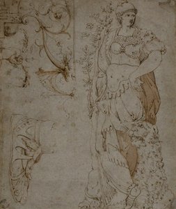 Drei Skizzen: Tapferkeit, eine Sandale und Grotesken (recto); Skizzen von Grotesken und römischer Kürass (verso)