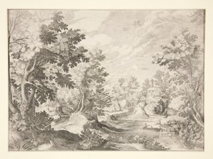 Ohne Titel (Landschaft mit Figuren in einem Boot im Vordergrund)