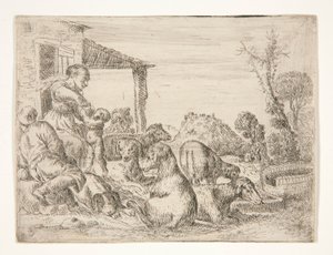 Bauernfamilie mit Hunden und Lämmern in einer Landschaft
