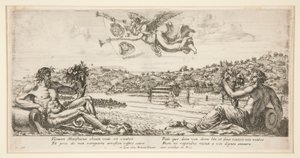 Ansicht einer Stadt mit zwei liegenden Flussgöttern und Ruhm, der oben mit zwei Wappen trompetet von Unknown