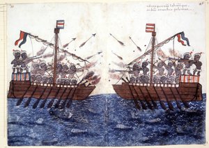Gravur aus dem 16. Jahrhundert, die die Begegnung mit einem Piratenschiff im Indischen Ozean darstellt. Rom, Biblioteca Casanatense.