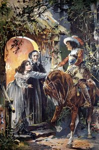 Illustration des 19. Jahrhunderts, die eine Episode aus einer Kinderfabel darstellt: ein Ritter besucht ein junges Mädchen und ihre Großmutter. Gravur von Unknown artist