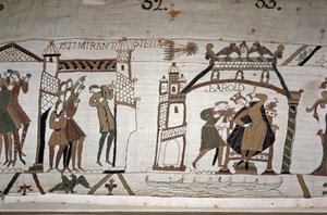 32: Das Erscheinen des Kometen; 33: Ein Bote warnt König Harold II. (1022-1066) - Bayeux-Tapete, bekannt als Stickerei der Königin Mathilde