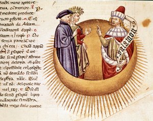 4. Himmel: Dante und Beatrice treffen König Salomo. Illustrierte Seite aus einem Gesang des Paradieses aus der „Göttlichen Komödie“ von Dante Alighieri