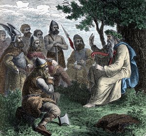 Ein Barde rezitiert vor Nordmännern - Wikingerzivilisation: Ein Barde Druide rezitiert Poesie für Krieger, 8.-9. Jahrhundert