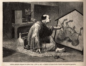 Ein japanischer Künstler malt ein Yema (legendäres Pferdegemälde). Gravur zur Illustration der Reise nach Japan, 1863-1864, von Aime Humbert, Minister der Schweizerischen Eidgenossenschaft, in „Le tour du monde, nouveau journal des voyages“ von Unknown artist