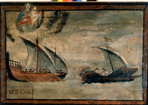 Eine türkische Galeere verfolgt eine Galeere des Königreichs Neapel. Ex-voto des 17. Jahrhunderts. Kirche der Madonna dell