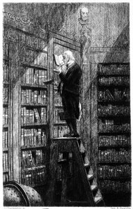 Ein Bibliothekar auf seiner Leiter, der Bücher auf Regalen untersucht. Gravur des 19. Jahrhunderts