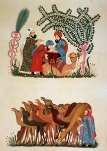 Eine Karawane in Bewegung. Illustration des 13. Jahrhunderts der „Maqamat“ (Seancen) von Abu Mohammed al-Kasim ibn Ali Hariri (oder Al-Hariri) (1054-1122) in „Arabische Kunst“ von den Denkmälern Kairos vom 7. bis zum 18. Jahrhundert von P von Unknown artist