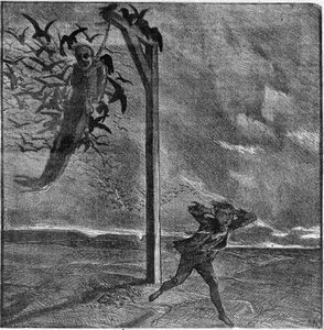 Ein Kind erschrickt beim Anblick eines von Krähen gefressenen Gehängten - Illustration aus „Der lachende Mann“ von Victor Hugo (1802-1885) - Gravur in „Le Journal Illustré“