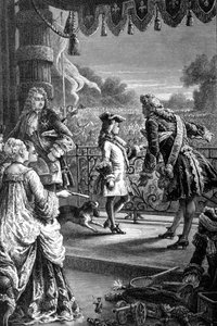 Eine Kurtisane zeigt dem jungen Ludwig XV. (1710 - 1774) die jubelnde Menge und sagt ihm: Eines Tages wird das alles dir gehören. Gravur aus dem 19. Jahrhundert.