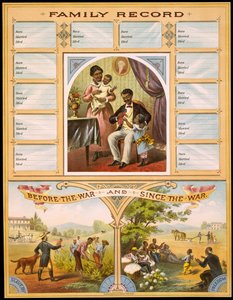 Ein Diagramm, das zwei Farmen zeigt, die Sklaverei und Freiheit vergleichen. Oberer Teil für die Aufzeichnung von Familienjubiläen reserviert. Gravur ca. 1880