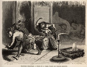 Ein häuslicher Exorzismus, Zeremonie des Oni Arahi, der Hausherr in seinen besten Kleidern, Schwert am Gürtel, geht um Mitternacht durch die Räume seines Hauses und wirft geröstete Bohnen, um Dämonen zu vertreiben und den Gott des Reichtums und seinen Begl von Unknown artist