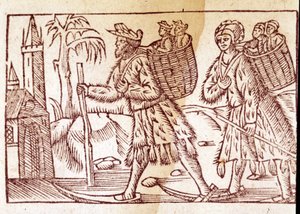Eine norwegische Familie auf Skiern unterwegs. Gravur von Olaus Magnus (1490 - 1557), schwedischer Geistlicher und Geograph, „Historia de Gentis Septentrionalibus“, Venedig von Unknown artist