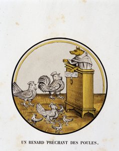 Ein Fuchs predigt Hühnern (Renart-Roman) - religiöse Karikatur, Limoges