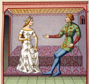 Eine galante Szene im Mittelalter: Ein junger Mann umwirbt eine Prinzessin. Falsches Kolleg nach einem Manuskript. 19. Jahrhundert.