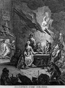 Ein Mädchen wird von einer Hexe empfangen, umgeben von monströsen Kreaturen (bei einer Initiationszeremonie?). Gravur aus dem 17. Jahrhundert