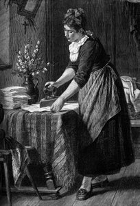 Eine Haushälterin bügelt in einem bürgerlichen Haus. Gravur im Journal „La jeunesse“ von Unknown artist