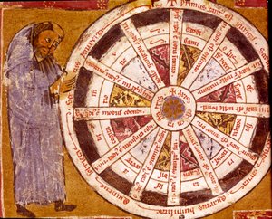 Ein Mönch in der Nähe des Rades des religiösen Lebens Miniatur aus den „Werken“ von Hugo de Sancto Victore (Hugh of St. Victor) (ca. 1096-1141) 12. Jahrhundert Biblioteca Governativa, Cremona