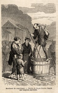 Ein Muschelhändler balanciert auf einem Fass mit seinen Waren, die er mit zwei langen Stäbchen zieht. Gravur zur Illustration der Reise nach Japan, 1863-1864, von Aime Humbert, Minister der Schweizerischen Eidgenossenschaft, in "Le tour du monde, nouveau j