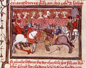 Ein Ritterturnier zur Zeit von König Karl V. von Frankreich (1338-1380). Miniatur aus „Les grandes Chroniques de France“ 14. Jahrhundert, Chantilly, Musée Condé von Unknown artist