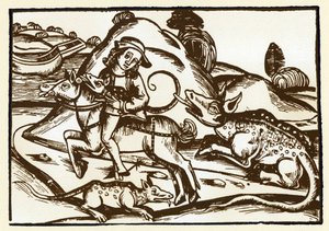Ein Reisender trifft auf zwei monströse Tiger mit dem Aussehen von Basilisken. Die Fabeln von Äsop von Unknown artist