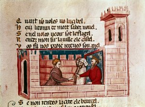 Eine Frau trifft einen König in einem Schloss und überreicht ihm ein Geschenk