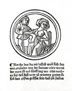 Eine Frau blutet. Holzschnitt in "Buch der Chirurgie" von Hyeronimus Braunschweig. Straßburg 1497