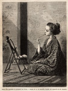 Ein junges Mädchen aus Yedo (oder Edo, dem heutigen Tokio), malt ihre Lippen vor ihrem Spiegel, hat an ihrer Seite die Lackbox mit ihren Utensilien: Kämme, Bürsten und Haarnadeln, Zahn- und Reispuder sowie andere Kosmetika. Gravur zur Illustration