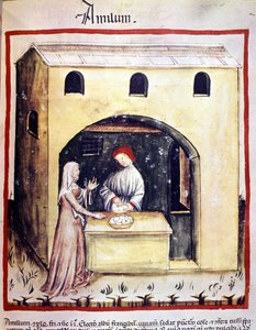 Eine junge Frau kauft Eier von einem Händler. Illumination aus der Milchwirtschaft der Medizin und Diätetik „Tacuinum sanitatis“