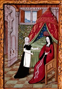 Eine junge Frau, wahrscheinlich Louise Laval (gestorben 1480), in ihrem Schlafzimmer mit ihrer Dienerin. Miniatur aus 