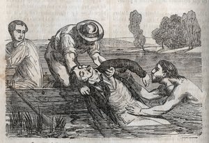 Unfallmedizin - über die wirksamste Hilfe für Ertrinkende - um einen Ertrinkenden aus dem Wasser zu holen, muss man es so bequem wie möglich tun - Gravur in „La Sante Universelle - Guide Medical des Familles“ 1852 von Unknown artist