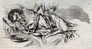 Unfallmedizin - über die wirksamste Hilfe für Ertrunkene - die Walnusswindeln auf der Seite und das Erbrechen des getrunkenen Wassers - Gravur in „La Santé Universelle - Guide Médical des Familles“ 1852 von Unknown artist