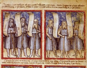 Adams Genealogie wird von Seth, Enoch (Henoch oder Enosh) Kenan, Mahalalel (Mahalaleel) und Jared (oder Yared), den großen Patriarchen der Miniaturbibel, gefolgt. Entnommen aus Codex 212 (oder Padovano oder Bibel von Padua) 1390-1400 Rovigo, Accademia dei 