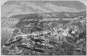 Luftansicht des Hafens und der Stadt Le Havre, Seine-Maritime, Normandie, Frankreich. Gravur in "L