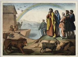 Nach der Sintflut steigen die Tiere aus der Arche. Rechts: Noah, seine Frau, seine drei Söhne (Sem, Ham und Japhet) und ihre Frauen. Unten der Regenbogen (Symbol des zwischen Noah und Gott geschlossenen Schöpfungsbundes). Anonyme Gravur aus dem 19. Jahrhun