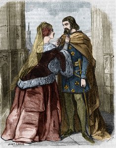 Agnes Sorel (1422-1450) und König Karl VII. von Frankreich in der Abtei von Jumièges. Gravur des 19. Jahrhunderts.