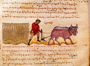 Landwirtschaft: Pflügszene. Miniatur aus „Die Cynegetik“ von Oppian von Syrien, gewidmet Caracalla von Unknown artist