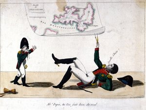 Ah, Papa, du hast dich verletzt. Karikatur über das Exil von Napoleon Bonaparte auf der Insel Elba.