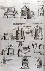 Alchemie: Tafel, die verschiedene Modelle von Destillationsapparaten und Brennblasen darstellt. Athanase Kircher (oder Athanasius Kircheri 1602-1680), deutscher Jesuit. Gravur aus dem 17. Jahrhundert. von Unknown artist