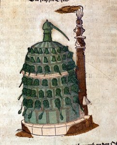Alchemie: der Athanor-Ofen, Gravur aus einem Buch von Pietro Andrea Mattioli (Matthiole) (1500-1577). Frankfurt