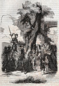 Alcina und ihr Hof kommen, um Ruggiero zu begrüßen - Gravur von 1851 aus dem Gedicht Orlando furioso (1516) von Ludovico Ariosto - Ausgabe, übersetzt aus dem Italienischen von Graf von Tressan und veröffentlicht von Gustave Harvard 1851