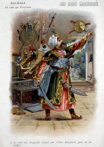 Ali Baba und die 40 Räuber (Geschichten aus Tausendundeiner Nacht): Der Anführer der Räuber, der seinen Schatz entdeckt sieht, schwört Rache - Karton des „Guten Marsches“, Ende des 19. Jahrhunderts von Unknown artist