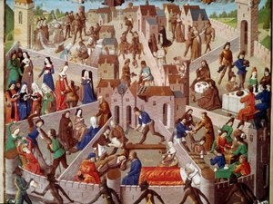 Allegorische Darstellung der Stadt der Erde, menschliche Sünde, Stolz, Zorn, Lust, Neid, Faulheit, Exzess und ihre gegensätzlichen Tugenden, Frömmigkeit, Bescheidenheit, Nüchternheit... Miniatur aus Manuskript ms. 8346, fr. 18, fol. 3