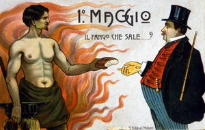 Allegorie der Klassenkämpfe: 1. Mai: Schlamm steigt auf, ein Arbeiter bietet einem Bourgeois Brot an. 1898