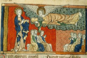 Allegorie des Falls von Babylon (mit Engel) - Miniatur des Mittelalters: Genehmigung der Stadtbibliothek von Toulouse erforderlich