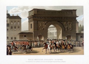 Die Alliierten zogen am 31. März 1814 in Paris ein (Russland Alexander I., der österreichische Kaiser Franz I. und der preußische König Friedrich Wilhelm III.) Kupferstich von 1826 von Unknown artist