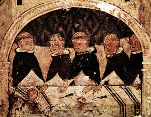 Altarbild des Lebens von Heiligem Dominikus von Guzman, Gründer des Dominikanerordens: Gruppe von Dominikanermönchen am Tisch. Gemälde auf Holz aus dem 13. Jahrhundert von Unknown artist