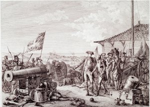 Amerikanischer Unabhängigkeitskrieg: Die Schlacht von Grenada am 6. Juli 1779 zwischen der britischen Royal Navy und der französischen Marine (Gravur) von Unknown artist