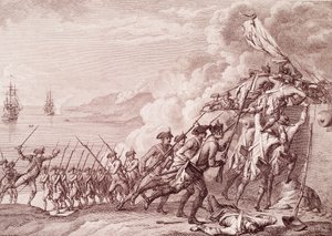 Amerikanischer Unabhängigkeitskrieg: Die Invasion von Dominica durch die französische Armee am 7. September 1778 (Stich) von Unknown artist
